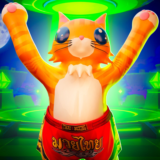 A ginger Cat Battles cat with both arms raised in a victory pose, wearing a red Thai boxing belt inside a neon green ring.