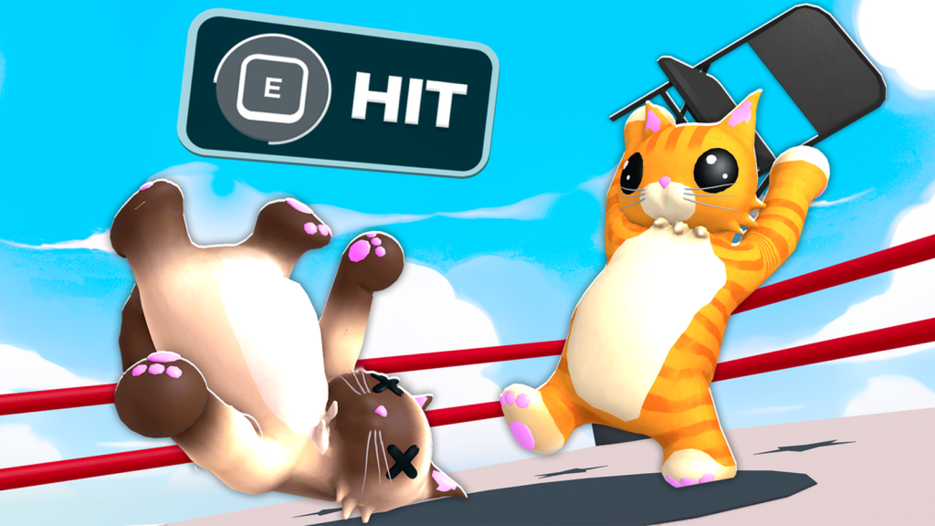 An orange Cat Battles cat mid-kick throwing a brown cat clean out of the ring past the red ropes.