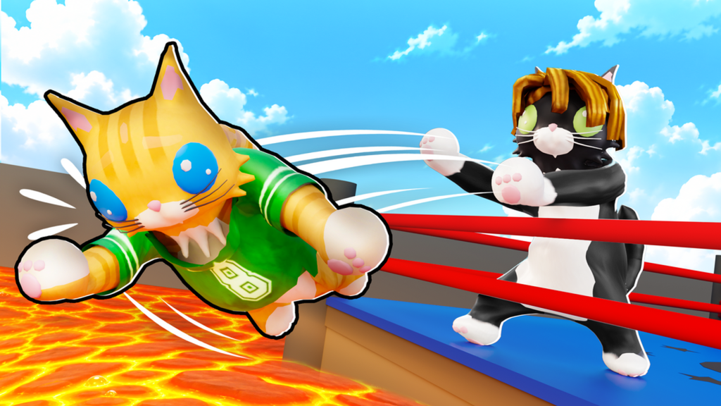 Two Cat Battles cats trading in a ring: an orange cat in a green jersey knocked sideways off the platform, a black tuxedo cat punching from across the ropes.